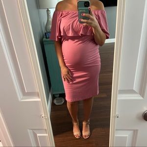 Pink Off-Shoulder Ruffle Maternity Dress